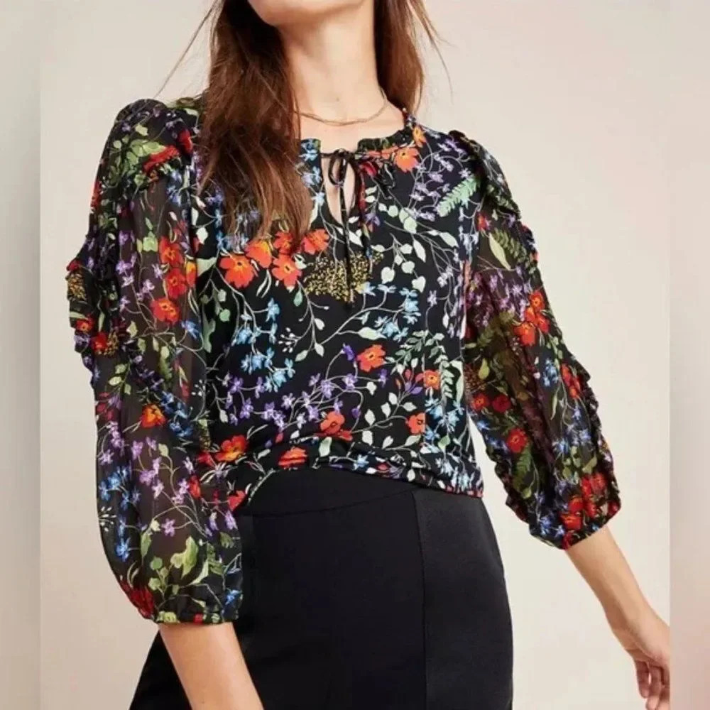 ANTHROPOLOGIE Maeve Floral Black Blouse Sheer Sleeve Jacquin Peasant Top